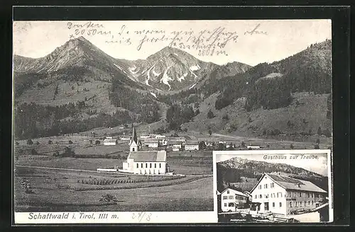 AK Schattwald, Gasthaus zur Traube, Ortsansicht aus der Ferne