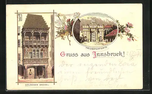 Lithographie Innsbruck, Triumphpforte, Goldenes Dachel