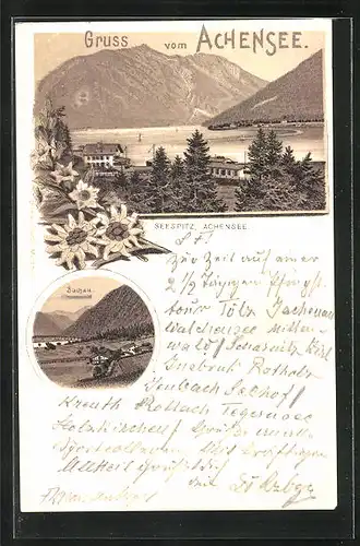 Lithographie Maurach, Blick auf den Achensee, Buchau, Seespitz