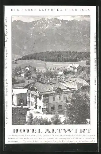 AK Igls, Hotel Altwirt aus der Vogelschau