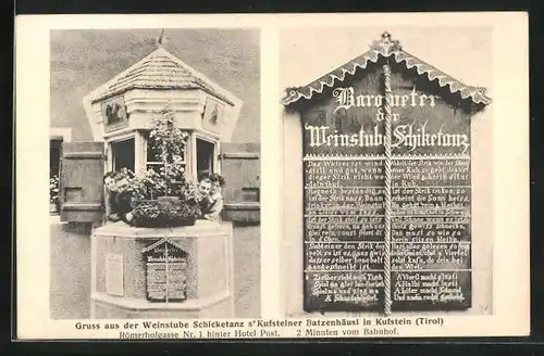 AK Kufstein, Gasthaus Schicketanz s` Kufsteiner Batzenhäus`l, Römerhofgasse 1, Tafel