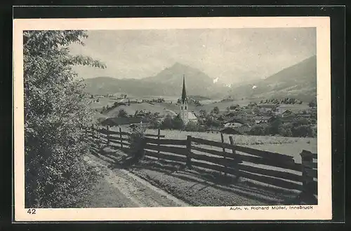 AK Vill bei Innsbruck, Teilansicht mit Kirche gegen Serles