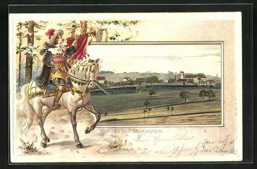 Präge-Lithographie Mariastein, Totalansicht, Trompeter zu Pferde