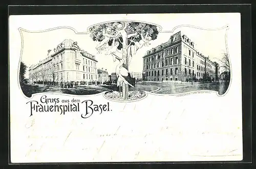 AK Basel, Kreuzung im Stadtkern, Storch und Putten