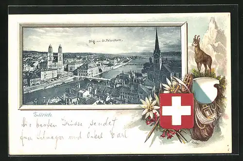 Präge-AK Zürich, Teilansicht der Stadt, Wappen, Gams