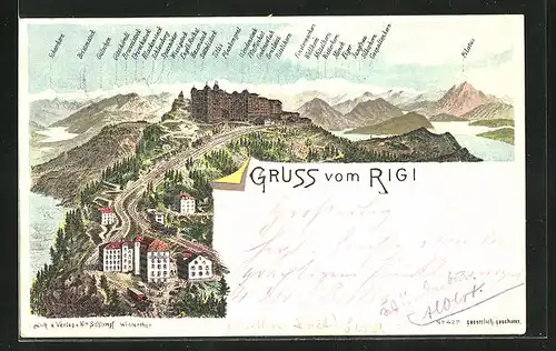 Präge-AK Rigi, Totalansicht mit Hotels, Gebirgszug