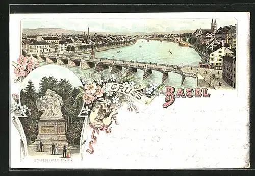 Lithographie Basel, Rheinbrücke, Strassburger Denkmal