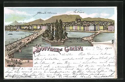 Lithographie Genève, Totalansicht mit Genfer See