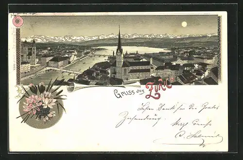 Mondschein-Lithographie Zürich, Totalansicht bei Vollmond