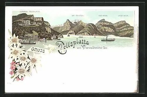 Lithographie Sisikon, Hotel Kurhaus Tellsplatte, Partie vom Vierwaldstätter See