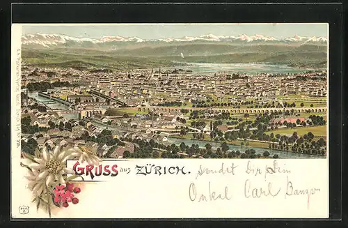 Lithographie Zürich, Totalansicht der Stadt