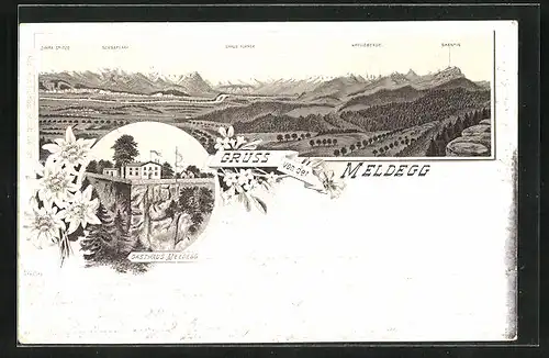 Lithographie Walzenhausen, Gasthaus Meldegg, Panorama