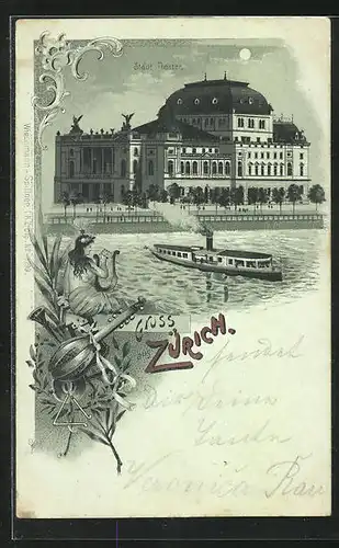 Mondschein-Lithographie Zürich, Stadt-Theater mit Dampfer