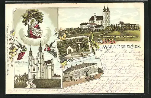 Lithographie Maria Dreieichen, Bründl, Gasthof Wacheihofer, Wallfahrts-Kirche
