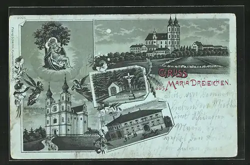 Mondschein-Lithographie Maria Dreieichen, Gasthof Wacheihofer, Bründl, Wallfahrts-Kirche