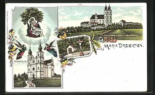 Lithographie Maria Dreicheichen, Wallfahrtskirche, Bründl