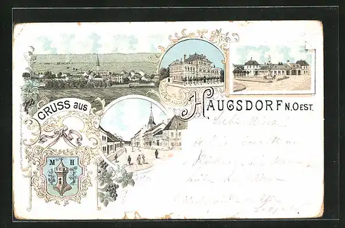 Lithographie Haugsdorf, Wappen, Strassenpartie, Denkmal