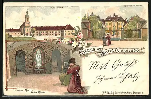 Lithographie Maira Enzersdorf, Alte Kirche, Schloss Hunyady, Lourdes Grotte in der Kirche