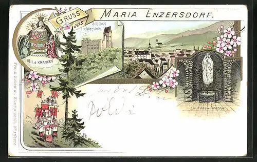 Lithographie Maria Enzersdorf, Schloss Lichtenstein, Heil d. Kranken, Lourdes-Brunnen