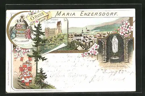 Lithographie Maria Enzersdorf, Lourdes-Brunnen, Schloss Lichtenstein, Heil d. Kranken