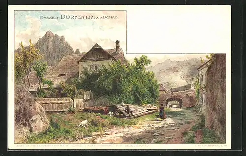 Künstler-AK Dürnstein a. d. Donau, Kinder in Gasse mit Zieglein