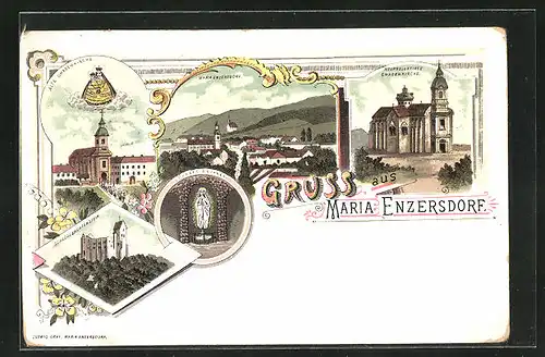 Lithographie Maria Enzersdorf, Alte und neue Gnadenkirche, Schloss Lichtenstein, Lourde-Brunnen