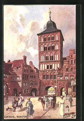 Künstler-AK Lübeck, Burgtor mit rasantem Geschehen