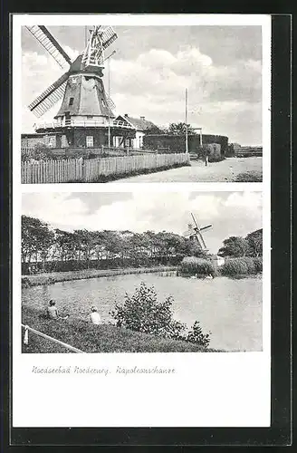 AK Norderney, Napoleonschanze mit Windmühle