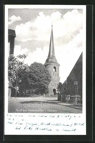 AK Kaltenkirchen i. Holstein, Strassenpartie mit Kirche