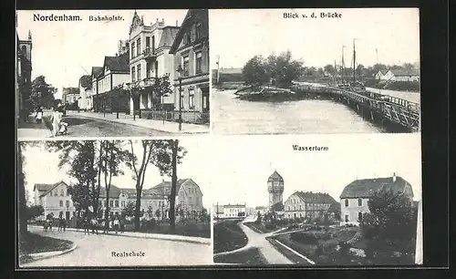 AK Nordenham, Blick v. d. Brücke, Wasserturm, Realschule