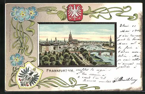 Passepartout-Lithographie Alt-Frankfurt, Blick auf den Kaiserdom, Wappen