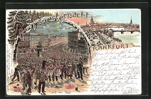 Winter-Lithographie Frankfurt am Main, Silvesternacht auf der Zeil