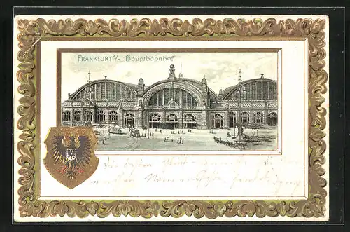 Passepartout-Lithographie Frankfurt am Main, Strassenbahnen vorm Hauptbahnhof, Wappen