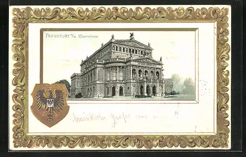 Passepartout-Lithographie Frankfurt am Main, Strassenpartie vor dem Opernhaus, Wappen