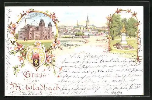Lithographie Mönchen Gladbach, Kaiserbad, Kaiser Wilhelm Denkmal, Ortsansicht