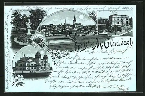 Mondschein-Lithographie Mönchen Gladbach, Kaiserbad, Erholung, Kaiser-Wilhelm Denkmal