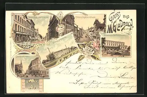 Lithographie Mönchen Gladbach, Obere und Untere Crefelderstrasse, Erholung, Adrien-Spirmerei