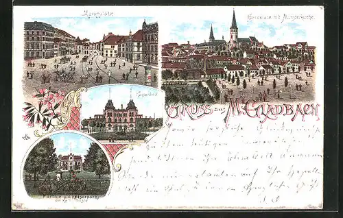 Lithographie Mönchen Gladbach, Marktplatz, Geroplatz mit Münsterkirche, Kaiserbad