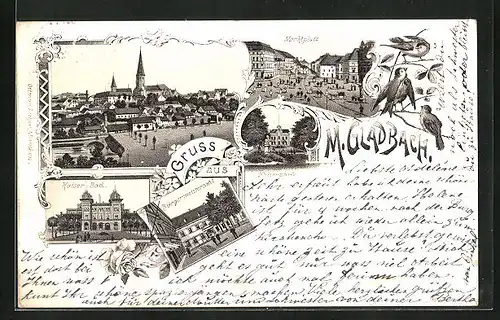 Lithographie Mönchen Gladbach, Kaiserbad, Bürgermeisteramt, Marktplatz