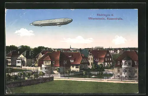 AK Rüstringen II., Zeppelin über der Villenkolonie in der Rosenstrasse