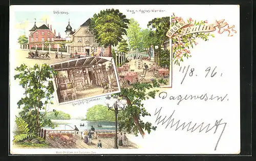 Lithographie Eutin, Vosshaus, Gasthaus Luisenzimmer, Vossbrücke am Eutiner See