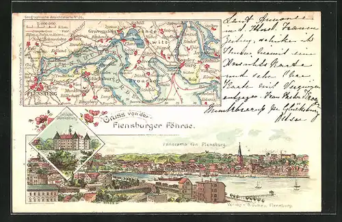 Lithographie Flensburg, Schloss Glücksburg, Panorama, Topographische Karte