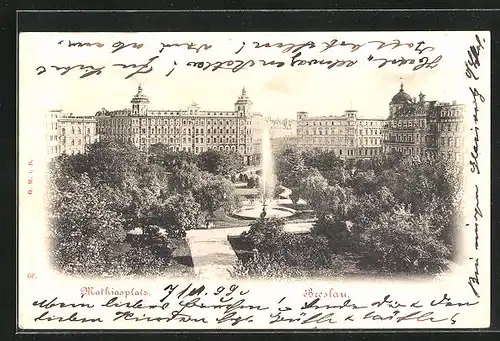 AK Breslau, Mathiasplatz mit Brunnen