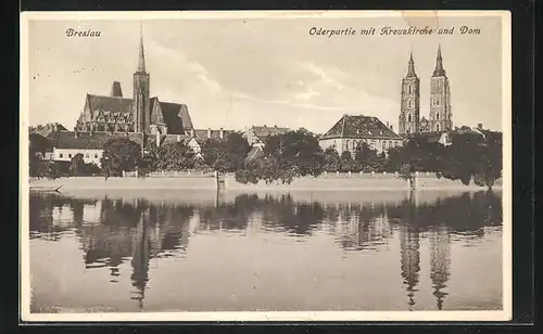 AK Breslau, Oderpartie mit Kreuzkirche und Dom