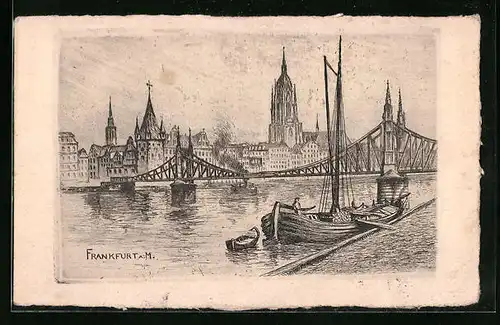 Künstler-AK Frankfurt a. M., Uferpartie mit Brücke und Booten