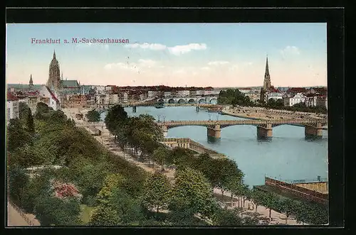 AK Frankfurt a. M.-Sachsenhausen, Uferpartie mit Kirchen und Brücken