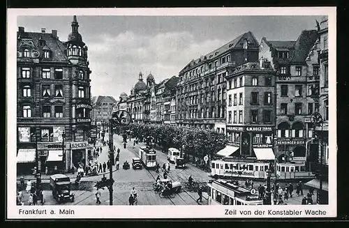 AK Frankfurt a. M., Zeil mit Geschäften und Strassenbahn von der Konstabler Wache