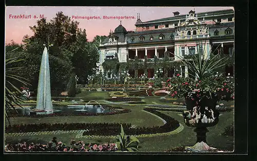 AK Frankfurt-Westend, Palmengarten und Blumenparterre mit Fontäne