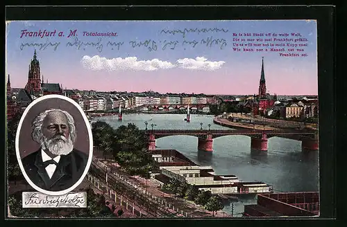 AK Alt-Frankfurt, Totalansicht mit Brücke, Portrait Friedrich Stoltze