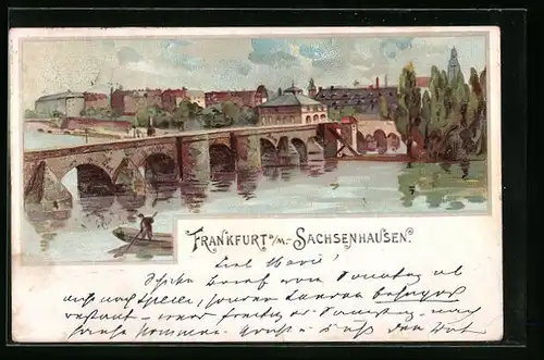 Lithographie Frankfurt a. Main-Sachsenhausen, Uferpartie mit Brücke und Boot